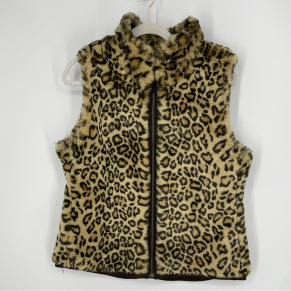 GAP Reversible Faux Fur Winter Vest leopard animal print Sz M - Picture 1 of 7